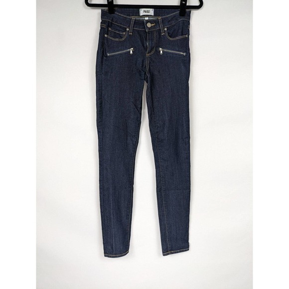 Paige Indio Skinny Jeans Dark Denim Wash 26 Zip Zipper Pockets Stretch Cotton - Picture 2 of 11